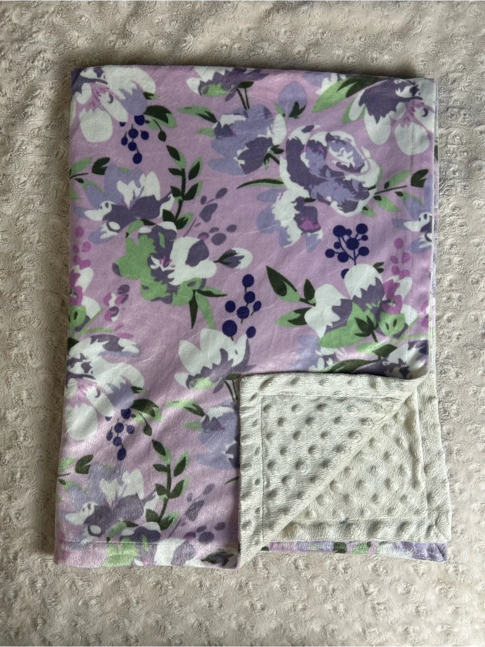 Crevent Purple Floral Baby Blanket Minky Dot Flowers Cream White Green Lovey